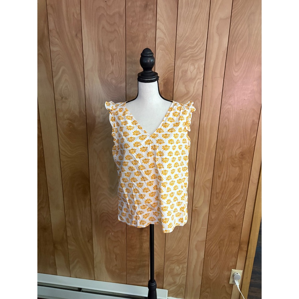 J. Crew‎ Women Yellow Seashell Print Ruffle V-Neck Sleeveless Blouse Top Medium